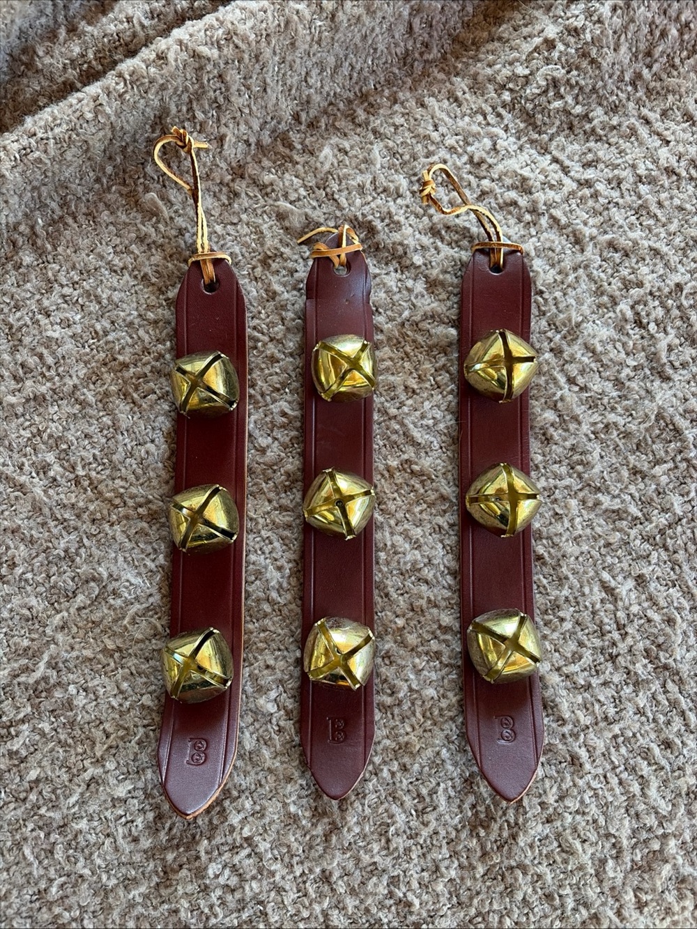 Belsnickel Lot Of 3 Leather 3 Sleigh Jingle Bells Door Hanger USA Christmas